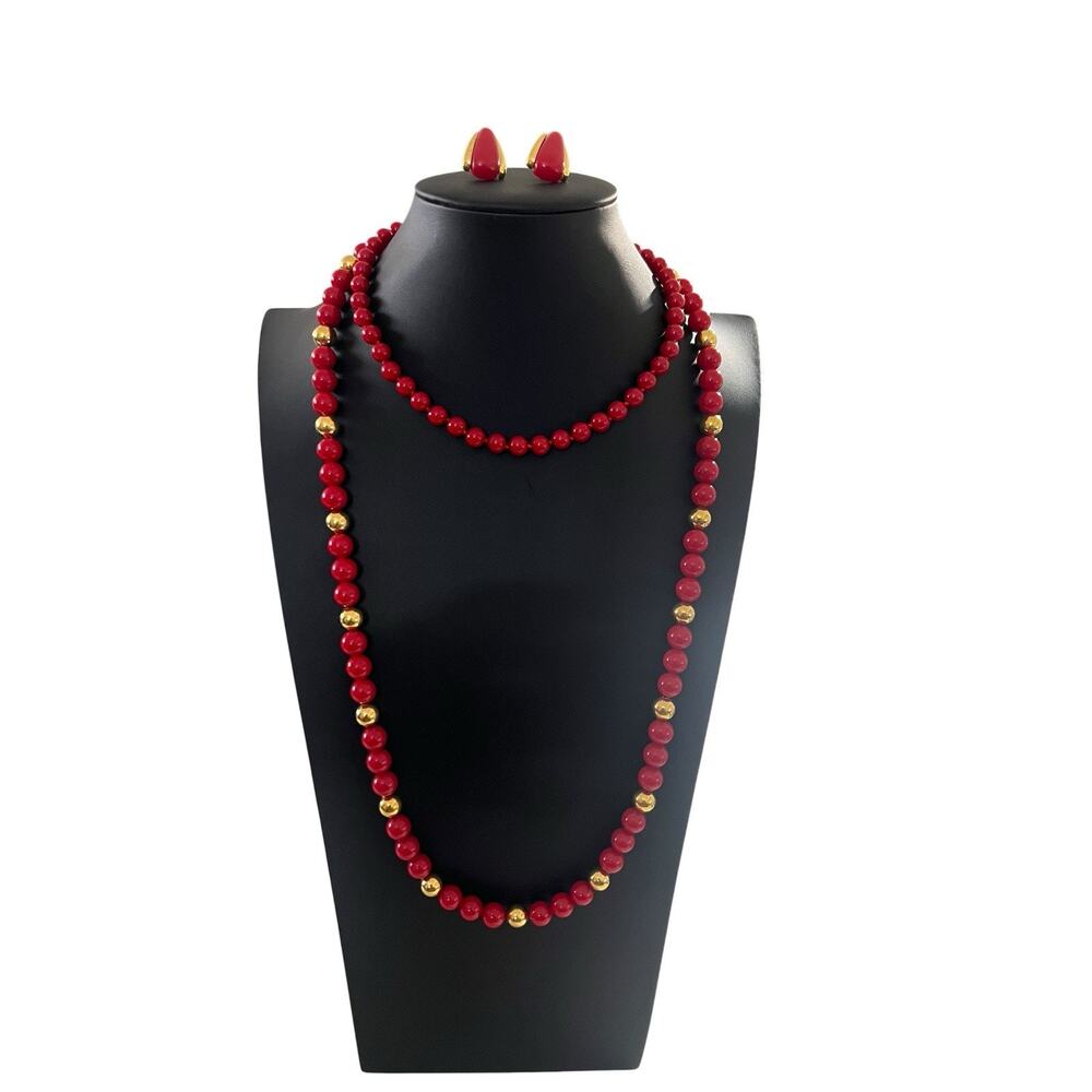 VTG Signed Napier Necklace/Earring Set of 3 Red & Gold Acrylic Beads?